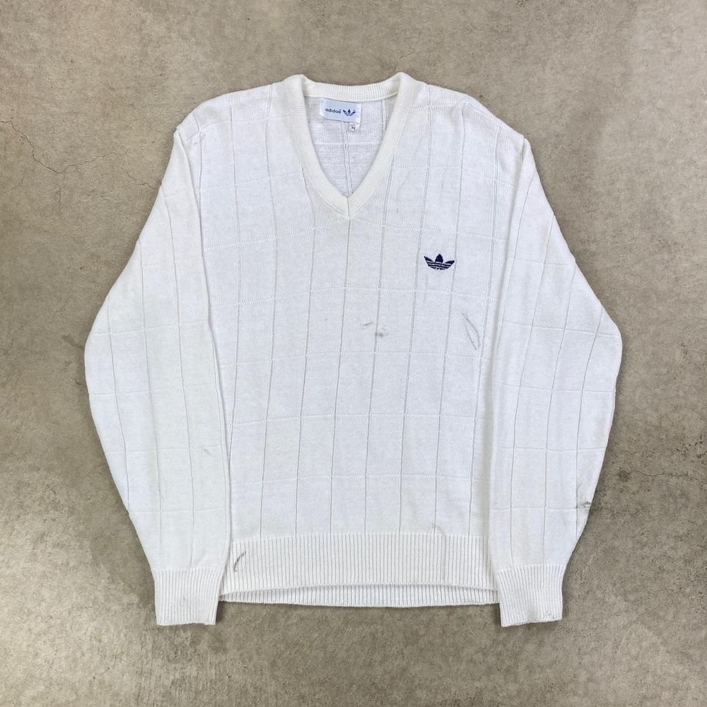 Vintage 80s Adidas Sweater Size XL White V Neck Knit Pullover Embroidered Logo